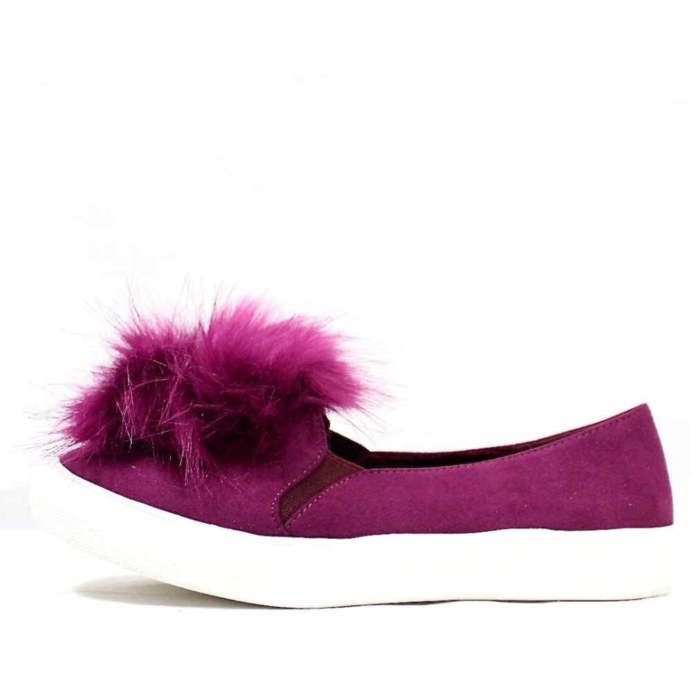 Slip On Faux Fur Ball Pom Pom Round Toe Sneakers - Picture 3 of 3